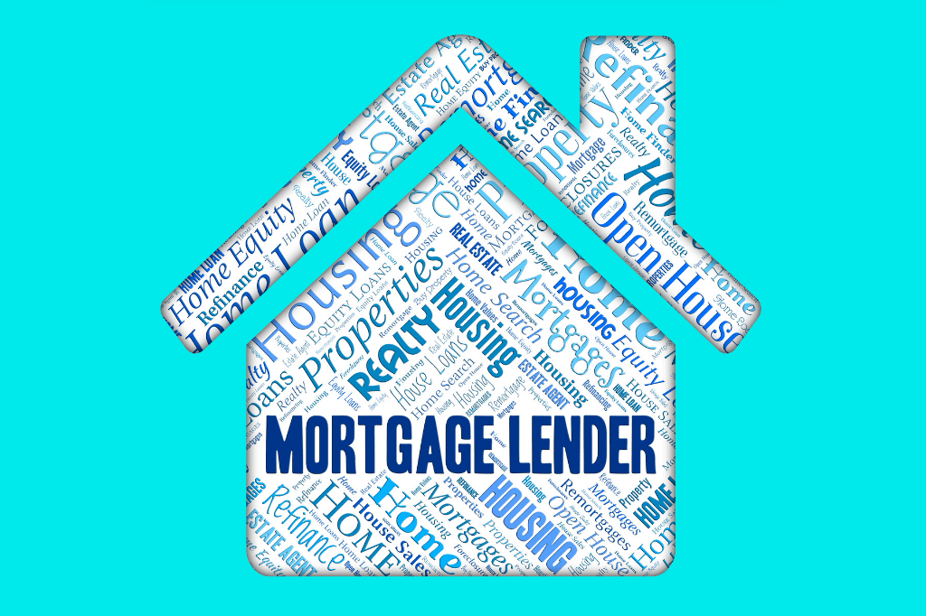 A keyword ‘mortgage lender’ in bold with other terms related to home loans on a house shape note