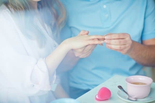 Man making a proposal with the ring to his girlfriend