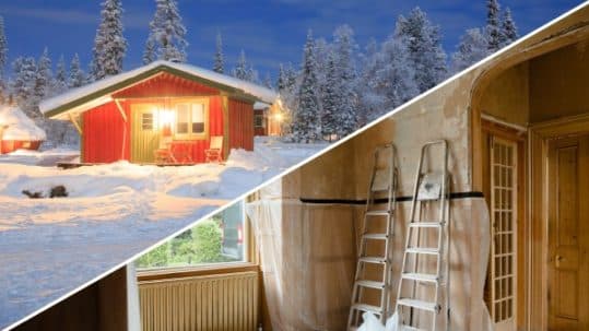 A red hut in the snow on the top left corner and a home in renovation in the bottom right corner.