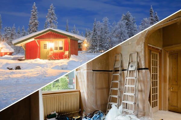 A red hut in the snow on the top left corner and a home in renovation in the bottom right corner.