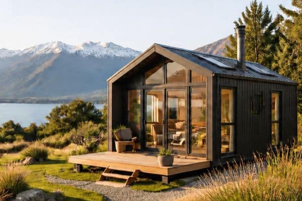 Newly built tiny home with trees and lawn